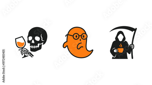 Halloween Icons: Skeleton, Ghost, and Grim Reaper with Coffee
