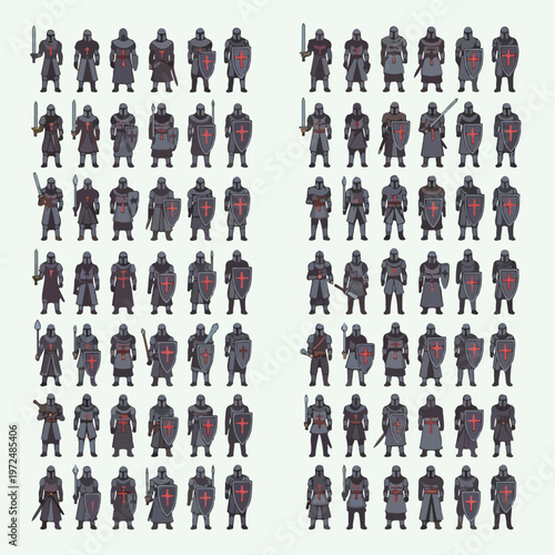 Collection of various medieval knights and armored warriors equipped with swords and shields.