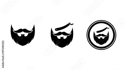 Beard and Mustache Icons with Straight Razor, Vintage Barber Shop Logo Set