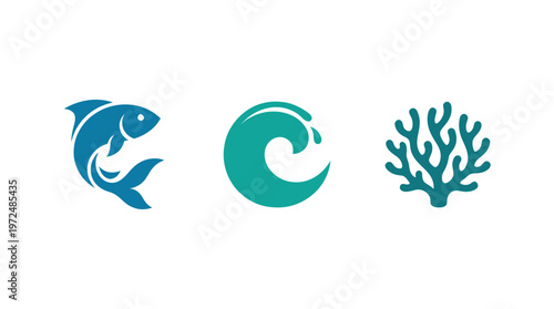 Ocean Life Icons: Fish, Wave, and Coral Set on White Background