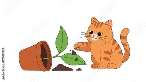 Adorable cartoon illustration of a playful ginger cat mischievously interacting with a fallen plant and spilled soil from a terracotta pot.