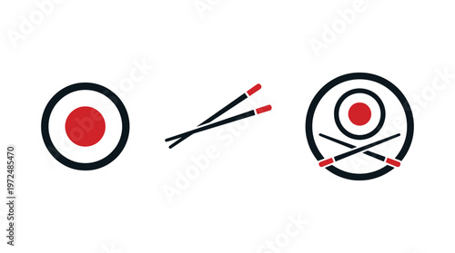 Sushi Icons: Maki Roll, Chopsticks, and Crossed Maki with Chopsticks