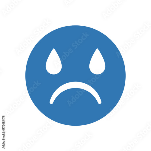 A blue emoticon icon with a frowning face and tear drops on a plain white background, conveying a sad expression in a simple graphic design.