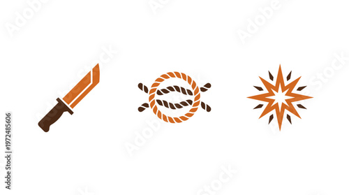 Knife, Rope Knot, and Starburst Icon Set on White Background