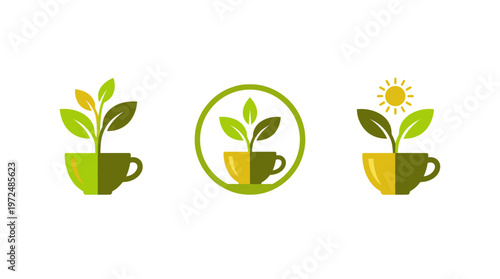 Green Tea Plant Sprout Growing in Coffee Cup Logo Icons Set