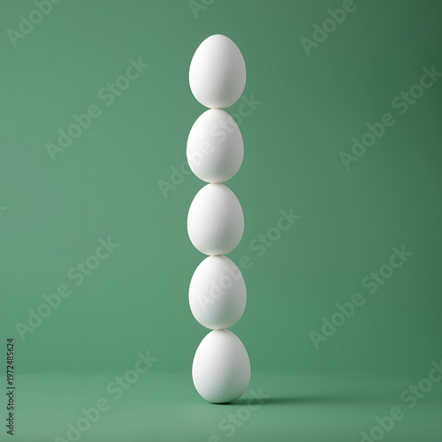  stack of five white eggs balanced vertically.