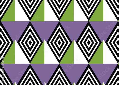 High contrast black and white nested diamonds are arranged in a repeating pattern over a background of purple horizontal bands and green triangles.