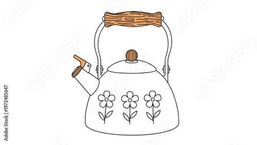 Charming white tea kettle with a wooden handle and lid, adorned with three simple daisy flower illustrations, rustic kitchenware.