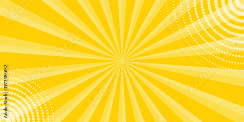 Yellow abstract background with light of sunburst. yellow starburst with halftone. sun ray retro background with flash
