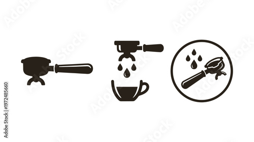 Espresso Preparation Icons: Portafilter, Brewing, Cleaning