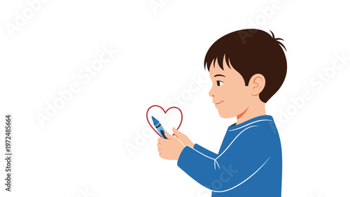 Young boy happily drawing a red heart with a crayon, symbolizing love, affection, childhood innocence, and creative expression.