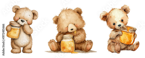 Watercolor bear set with honey jars and teddy characters. Cute cartoon vector illustrations featuring happy bears, bumblebees, and hives perfect for children's designs.