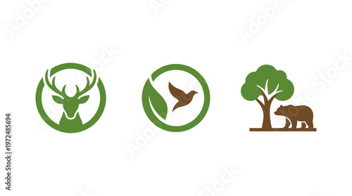 Nature Icons: Deer, Bird and Leaf, Bear and Tree