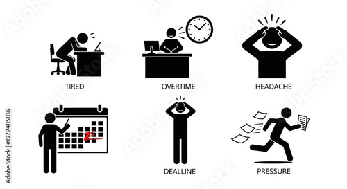 Workplace stress and pressure icons depicting common issues.