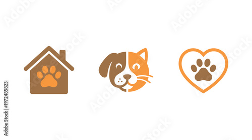 Dog Cat Paw Print Icons: House, Face, Heart - Pet Care, Love, Shelter Logo Concepts