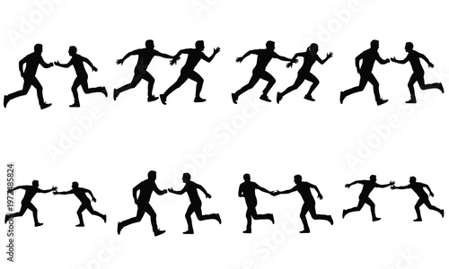 Silhouettes of men running and passing a baton in a relay race, representing teamwork and competition.