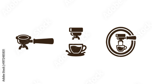 Espresso Machine Icons: Portafilter, Coffee Cup, and Brewing Process