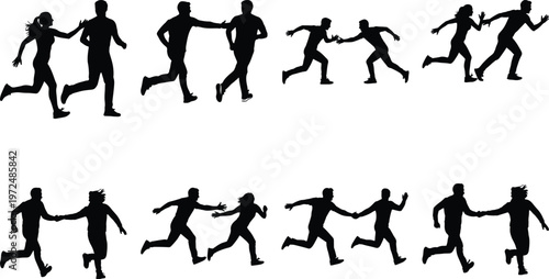 Silhouettes of couples running together, holding hands, symbolizing relationships and shared activities.
