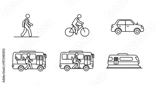 Set of simple line icons representing different modes of transportation and people.