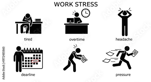 Work stress icons showing fatigue and pressure at the office.