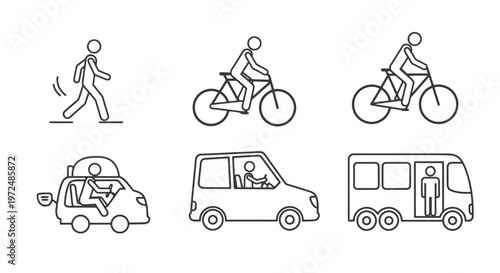 Set of simple line art icons representing different modes of transportation and human movement.