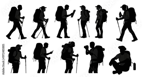 Silhouette Collection of Hikers with Backpacks and Trekking Poles.