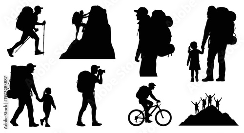 Silhouette collection of hikers and outdoor activities.