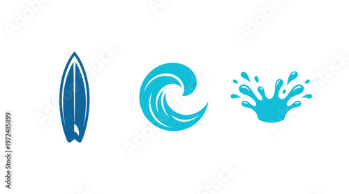 Surfboard, Wave, and Water Splash Icons Set