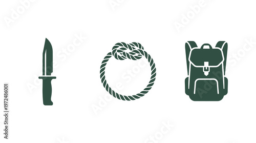 Camping Gear Icons: Knife, Rope Knot, Backpack