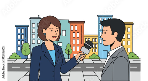 Journalist Interviewing Man in City Street Flat 2D Concept Illustration