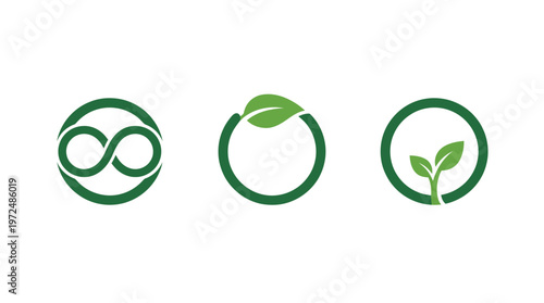 Recycling and sustainability symbols: infinity loop, leaf circle, sprout circle on white background