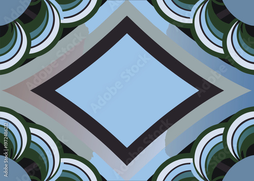 A light blue central diamond is bordered by gray and black diagonal bands with nested teal and blue arcs filling the corners.