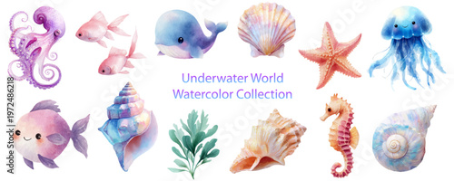 Photography Ocean watercolor collection showcasing adorable sea animals including whales, dolphins, and turtles