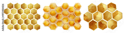 Honeycomb watercolor collection featuring golden honeycombs, flying bees, and dipper icons. Charming set of isolated elements ideal for spring decorations and delicious food designs.