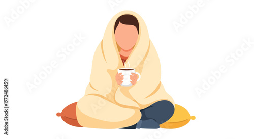 Cozy Concept Illustration: Person Wrapped in Warm Blanket Holding Hot Drink Cup and Sitting on Pillows.