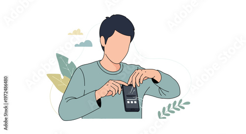 Man Trying to Reduce Smartphone Usage Illustration, Concept of Gadget Addiction and Digital Detox