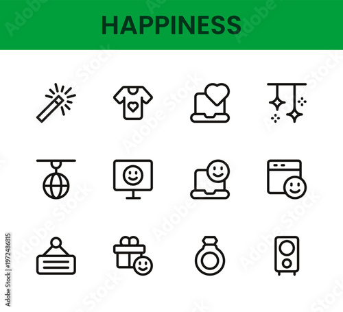 Happiness icon set. Happiness professional modern minimal unique line vector icon collection crafted with joy symbols, smile icons, positive emotion elements, wellbeing