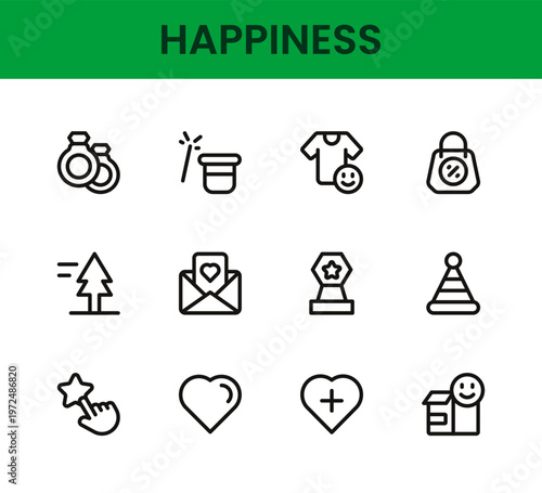 Happiness icon set. Happiness professional modern minimal unique line vector icon pack highlighting cheerful symbols, smile icons, positive emotion elements, wellbeing