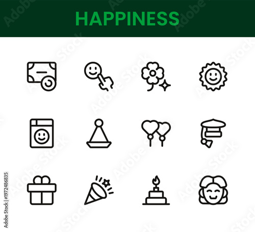 Happiness icon set. Happiness professional modern minimal unique line vector icon pack with joy symbols, positive emotion icons, smile elements, wellbeing