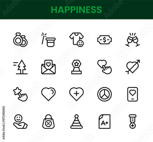 Happiness icon set. Happiness professional modern minimal unique line vector icon pack featuring joy symbols, smile icons, positive emotion elements, wellbeing