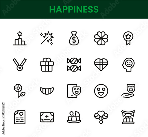 Happiness icon set. Happiness professional modern minimal unique line vector icon bundle including cheerful icons, smile symbols, positive emotion elements, mental wellness