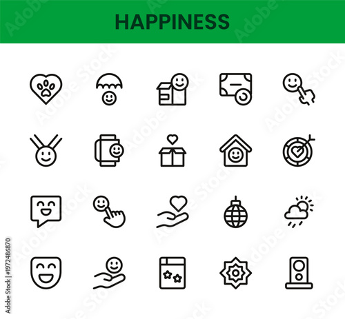 Happiness icon set. Happiness professional modern minimal unique line vector icon pack presenting cheerful icons, smile symbols, positive emotion elements, wellbeing