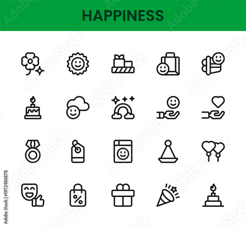 Happiness icon set. Happiness professional modern minimal unique line vector icon bundle crafted with joy icons, smile symbols, positive emotion elements, mental wellness