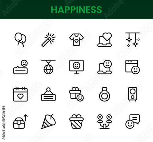 Happiness icon set. Happiness professional modern minimal unique line vector icon collection focused on joy symbols, smile icons, positive emotion elements, wellbeing