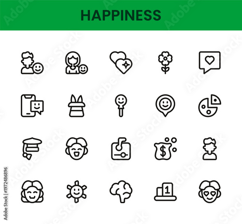 Happiness icon set. Happiness professional modern minimal unique line vector icon collection with cheerful symbols, smile icons, positive emotion elements, wellbeing