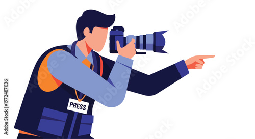Journalist Photographer with Camera Pointing Flat 2D Concept Illustration