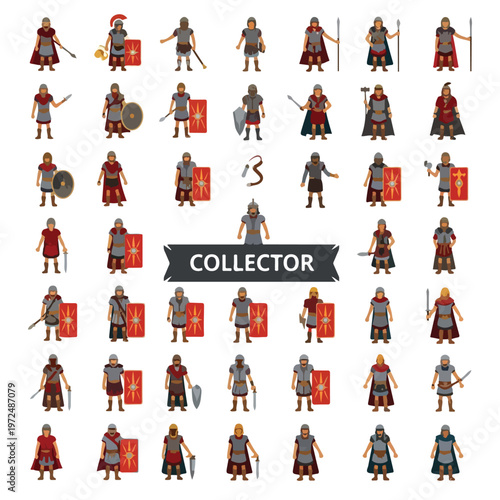 Collection of various Roman legionary soldiers in armor with weapons.