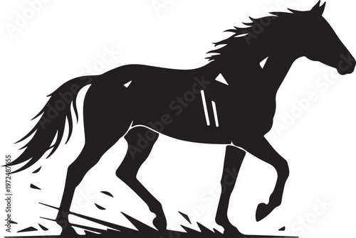 Thoroughbred horse in silhouette on white background.