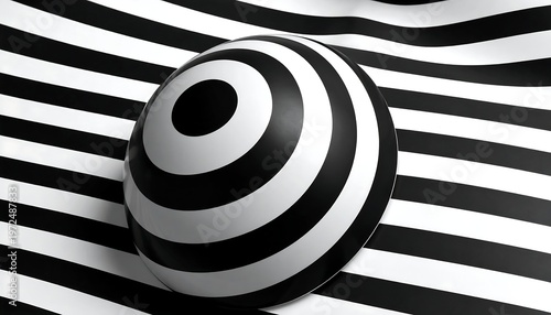 B&W. Optical illusion of striped sphere placed on matching wavy striped background, giving 3D effect