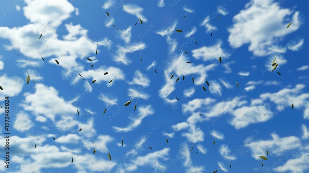 Fototapeta premium gust. Gust of wind dispersing dandelion seeds into a cloud against blue sky. ESG reports, sustainability campaigns, designed for environmental awareness campaigns, supports ESG communication.